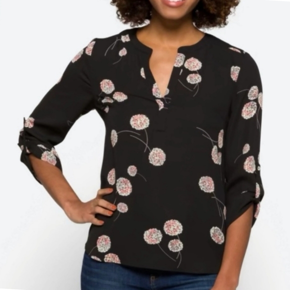 Daniel Rainn Tops - Daniel Rainn Black Floral Semi Sheer Koda Split Neck Roll Tab Sleeves Bl…